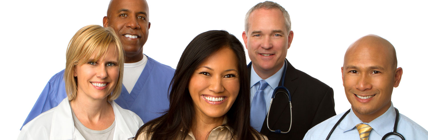 Group of diverse healthcare professionals smiling for the camera.